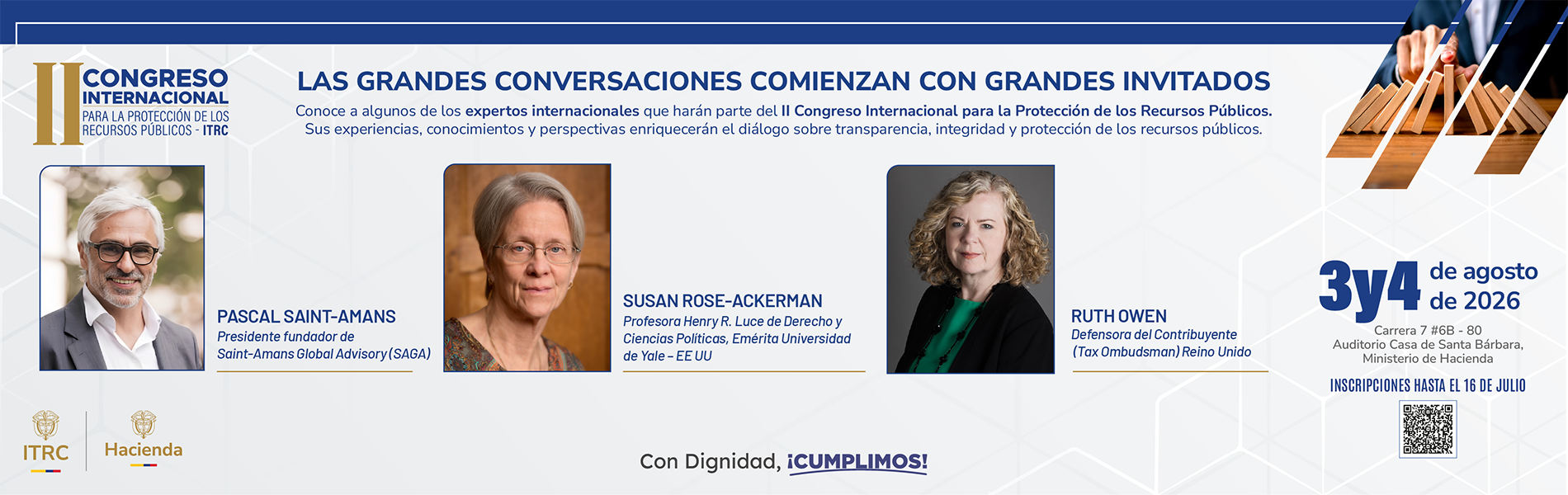 Panelistas internacionales del II Congreso CIPREP 2026 — Pascal Saint-Amans, Ruth Owen y Susan Rose-Ackerman, entre otros expertos globales en transparencia y protección de recursos públicos.